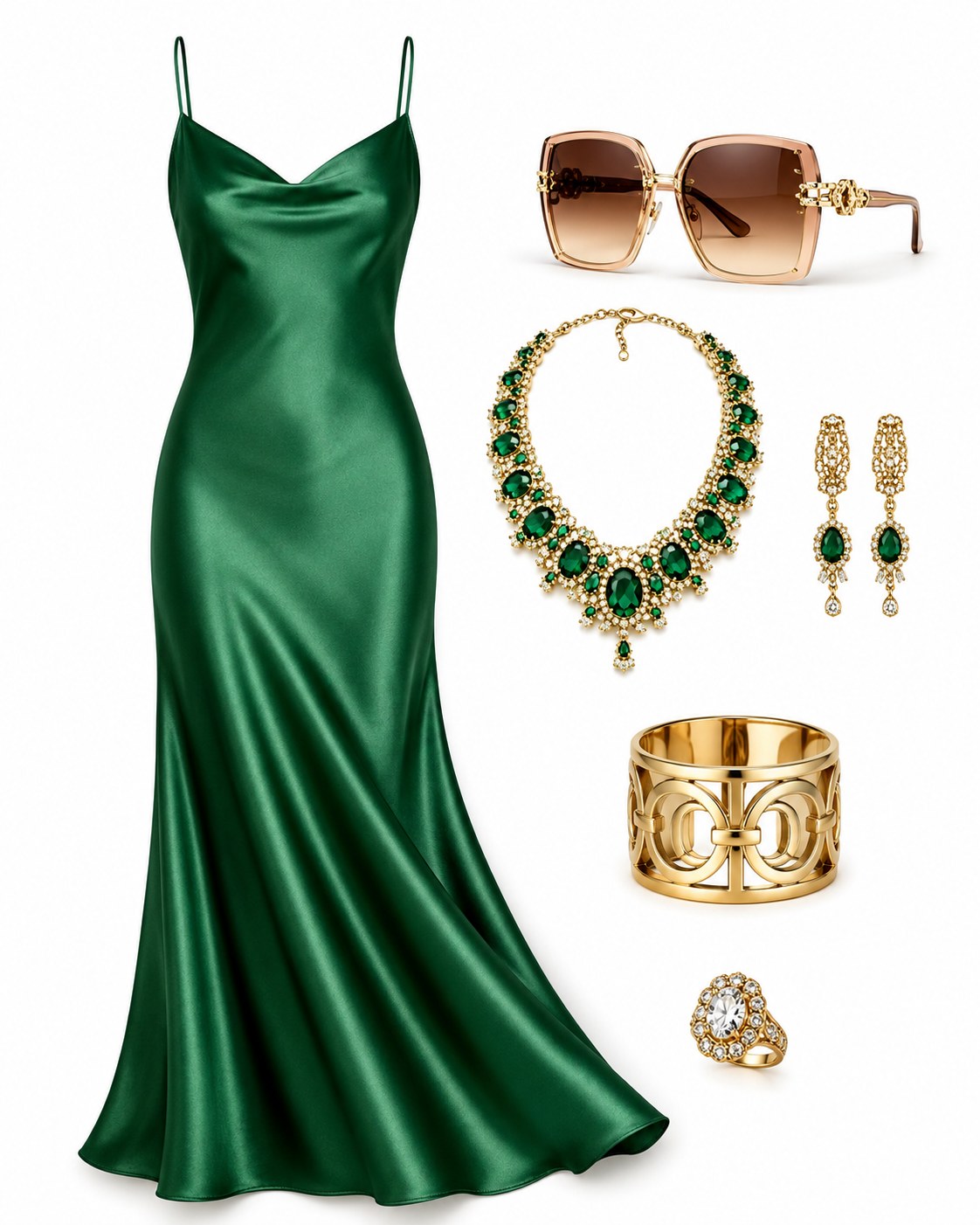 Input — green satin dress and accessories