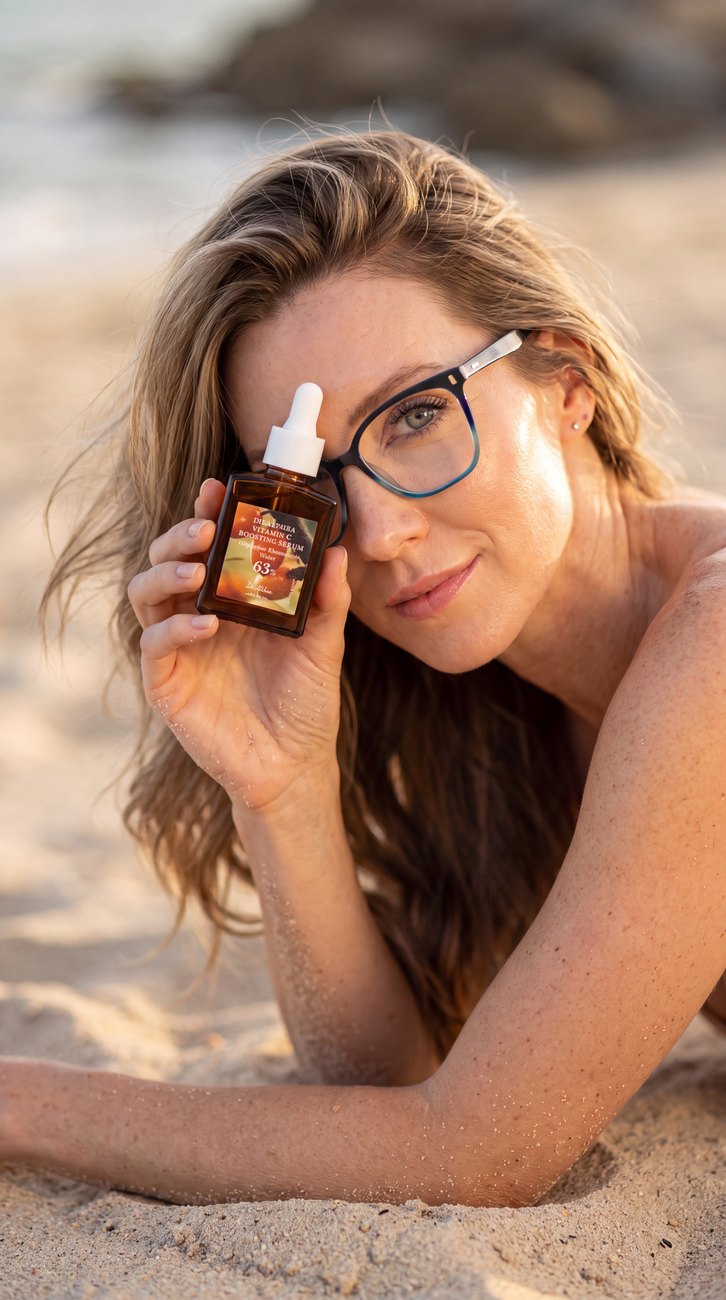 Campaign — model with serum, glasses